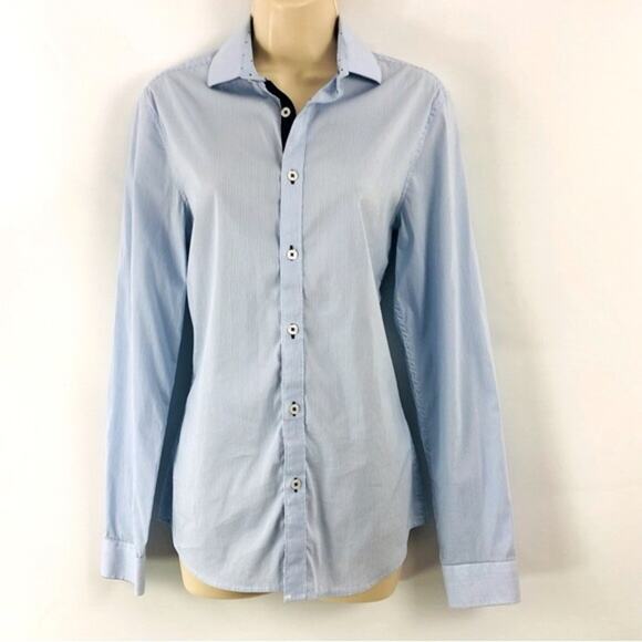 H&M Classic Light Blue Pinstripe Long Sleeve Button Front Shirt Navy Stripe Cuff - Picture 1 of 16